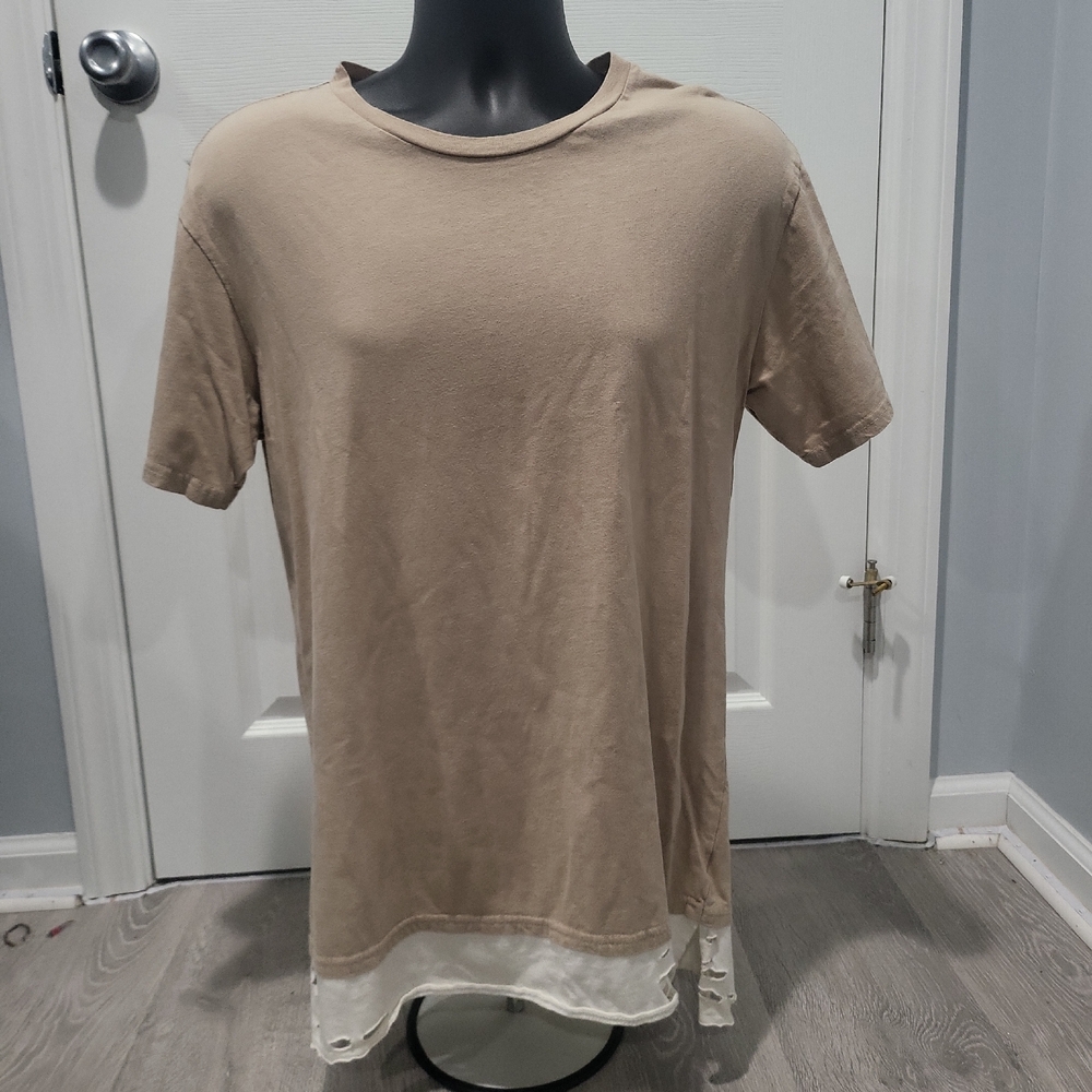 Men's Tan and Cream Longer-Fit, Bottom Torn Designed T-Shirt